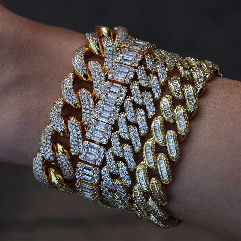 Custom Hot Sale Gold Finish Full Moissanite Diamond Cuban Chain Bangle Iced out Miami Cuban Link Chain Charm Bracelet