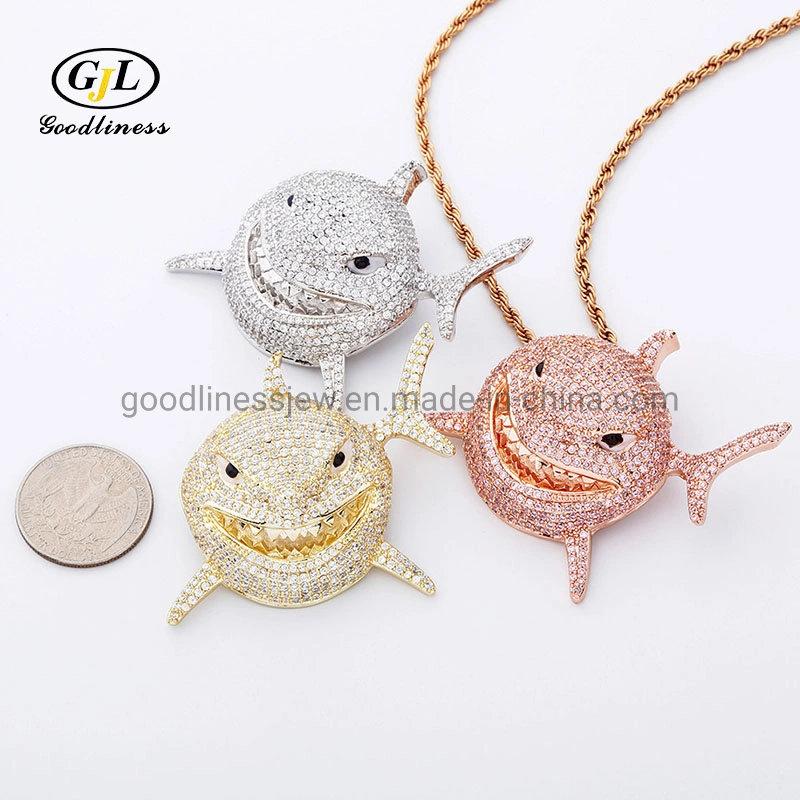 New Iced out Bling Full Cubic Zircon Shark Pendant Necklace Fashion Star Designer Hip Hop Jewelry