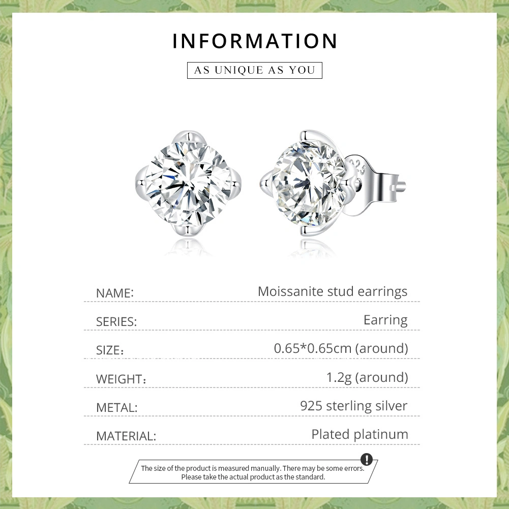 New 925 Sterling Silver Moissanite 0.5CT 1CT 5mm 6mm Round Women Earring Jewelry