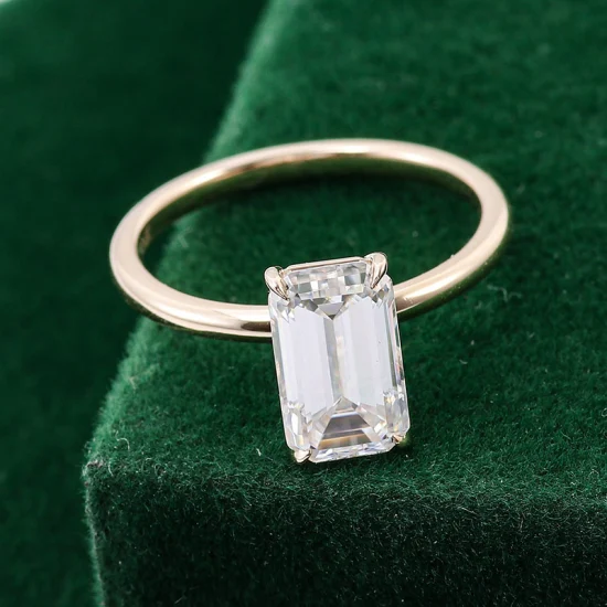 Joias finas ouro amarelo 14K Vvs Def cor Moissanite diamante corte esmeralda anel de noivado feito à mão para mulheres preço de atacado
